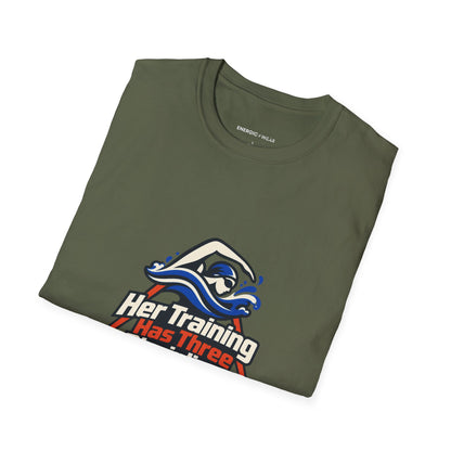 Graphic fitness T-shirt featuring the "Her Training Has Three Disciplines" design.