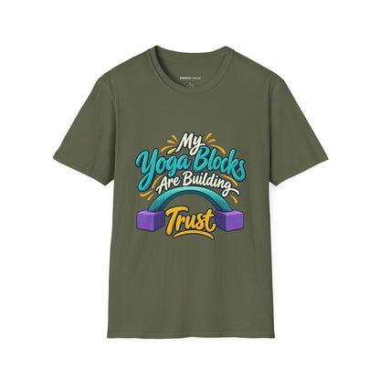 Graphic fitness T-shirt featuring the "My Yoga Blocks Are Building Trust" design.