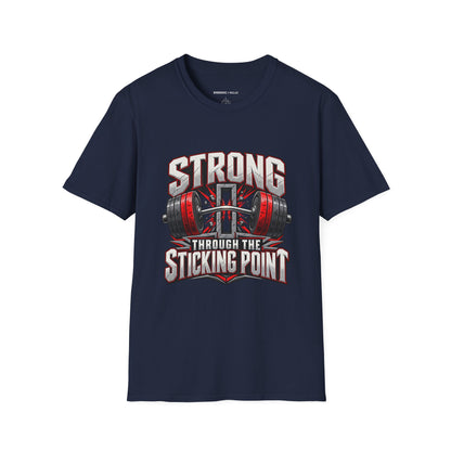 Graphic fitness T-shirt featuring the "Strong Through the Sticking Point" design.