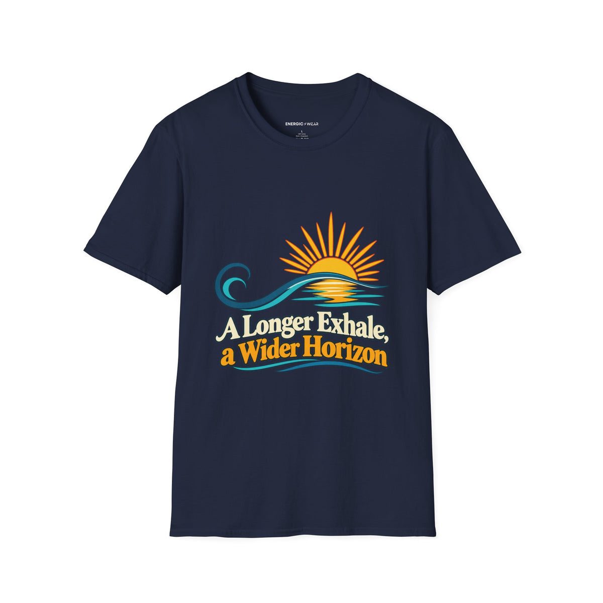 Graphic fitness T-shirt featuring the "A Longer Exhale a Wider Horizon" design.