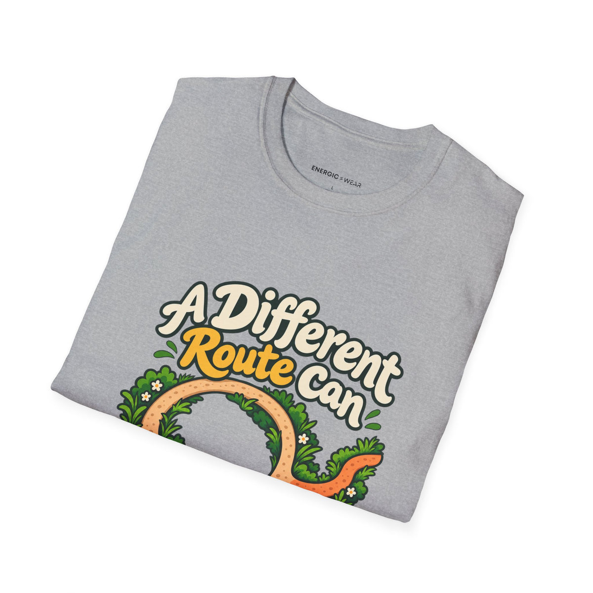 Graphic fitness T-shirt featuring the "A Different Route Can Refresh a Routine" design.