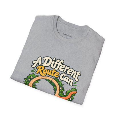 Graphic fitness T-shirt featuring the "A Different Route Can Refresh a Routine" design.