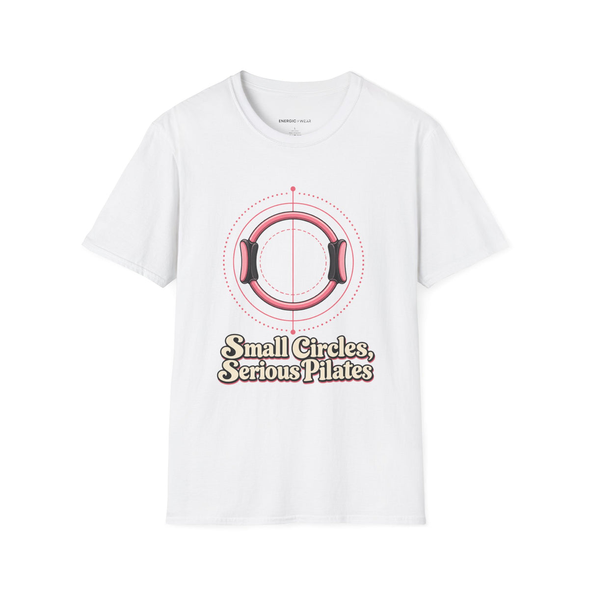 Graphic fitness T-shirt featuring the "Small Circles Serious Pilates" design.