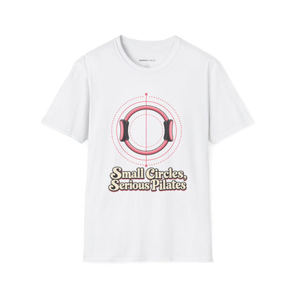 Graphic fitness T-shirt featuring the "Small Circles Serious Pilates" design.