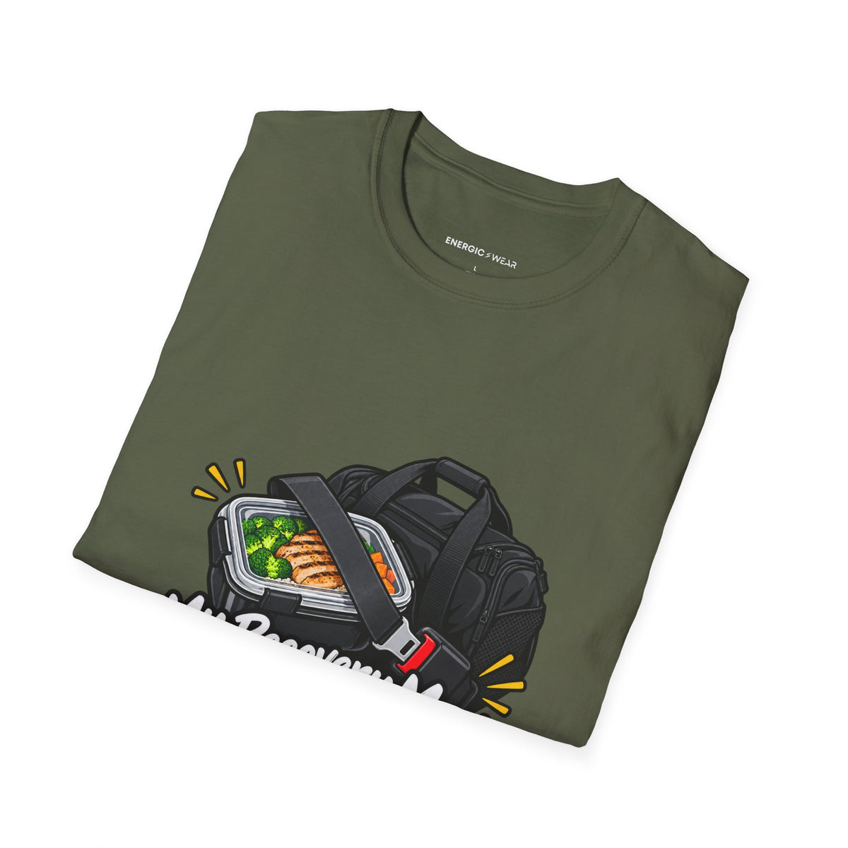 Graphic fitness T-shirt featuring the "My Recovery Meal Deserves a Seatbelt" design.