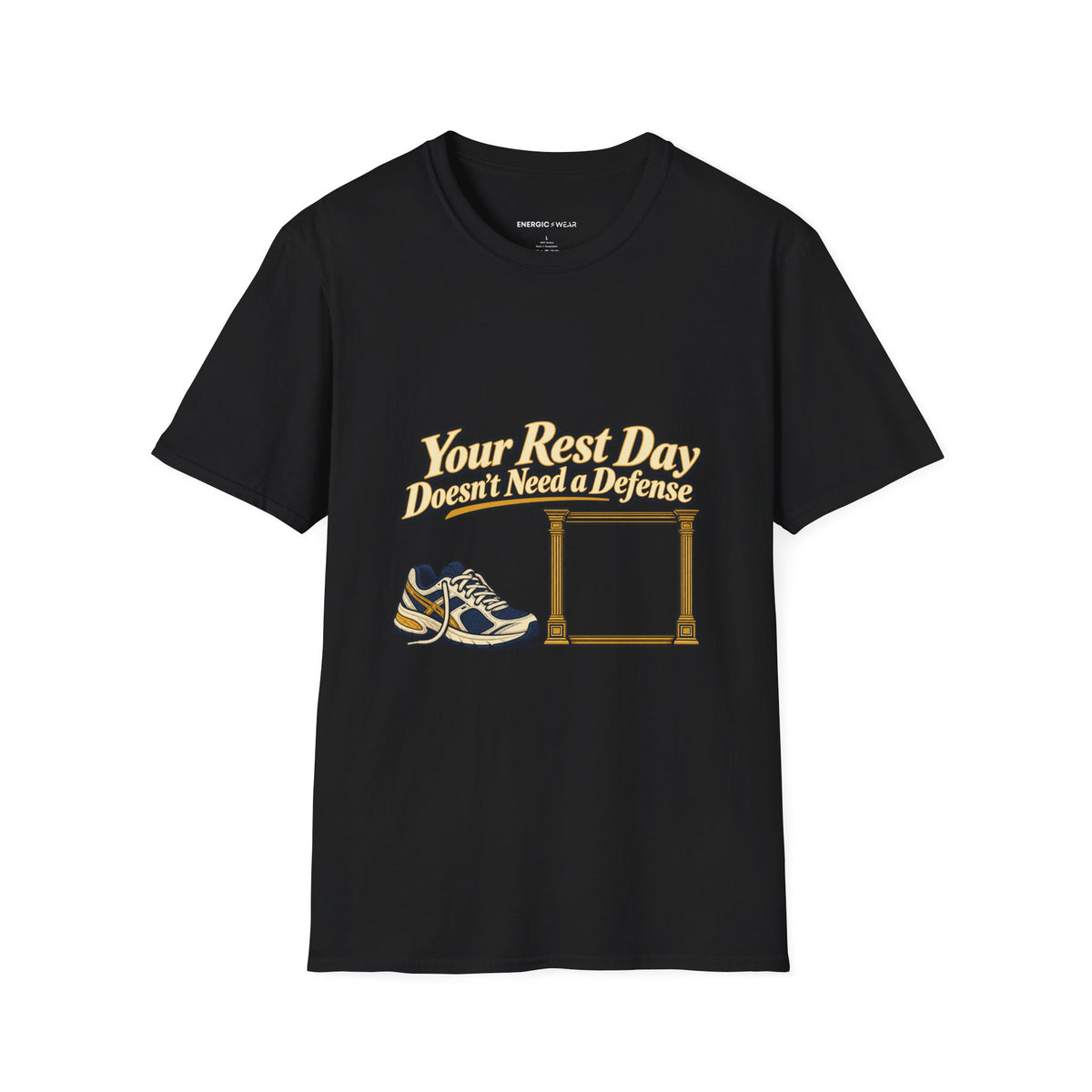 Graphic fitness T-shirt featuring the "Your Rest Day Doesn't Need a Defense" design.