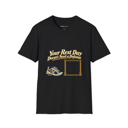 Graphic fitness T-shirt featuring the "Your Rest Day Doesn't Need a Defense" design.