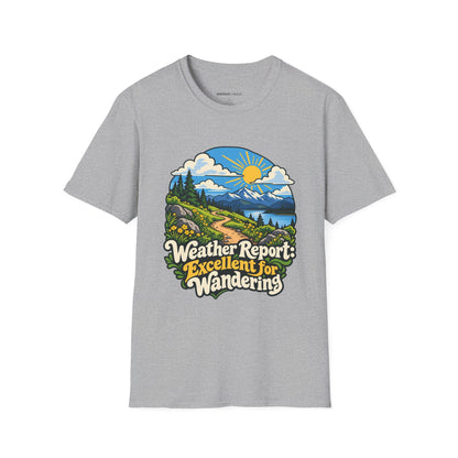 Graphic fitness T-shirt featuring the "Weather Report Excellent for Wandering" design.