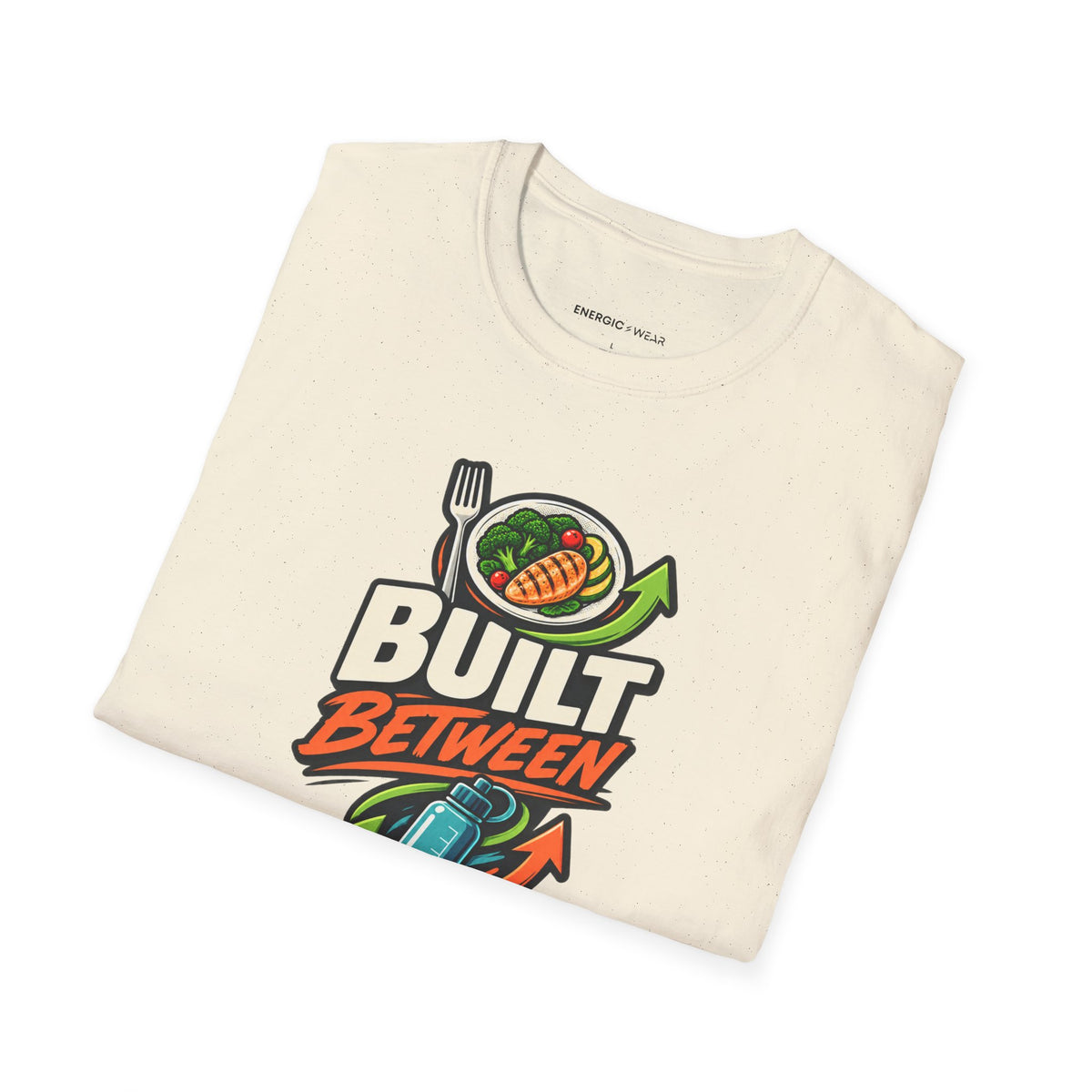 Graphic fitness T-shirt featuring the "Built Between Meals" design.