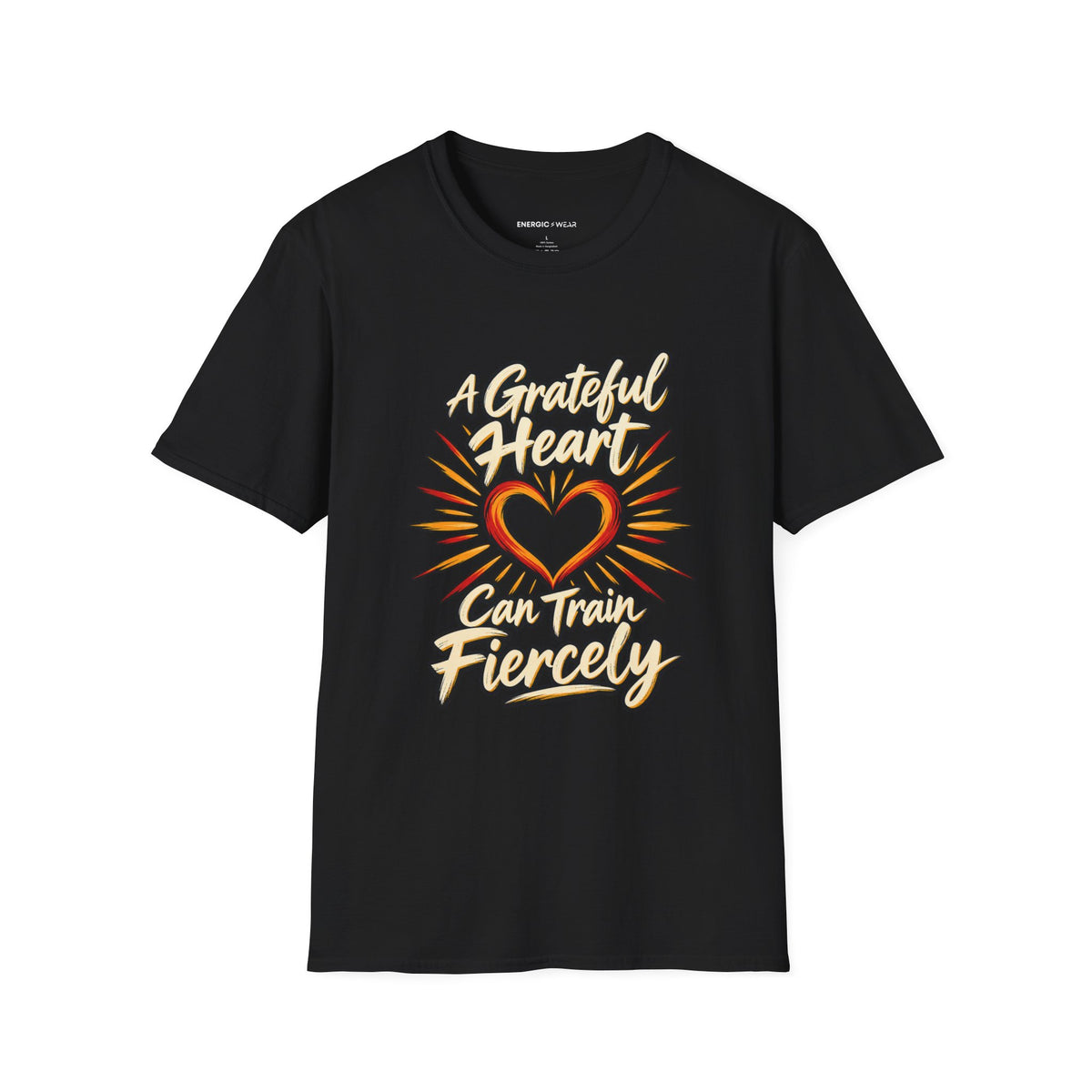 Graphic fitness T-shirt featuring the "A Grateful Heart Can Train Fiercely" design.