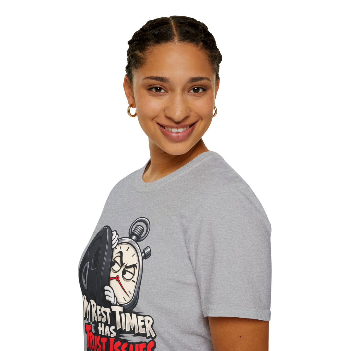 Graphic fitness T-shirt featuring the "My Rest Timer Has Trust Issues" design.