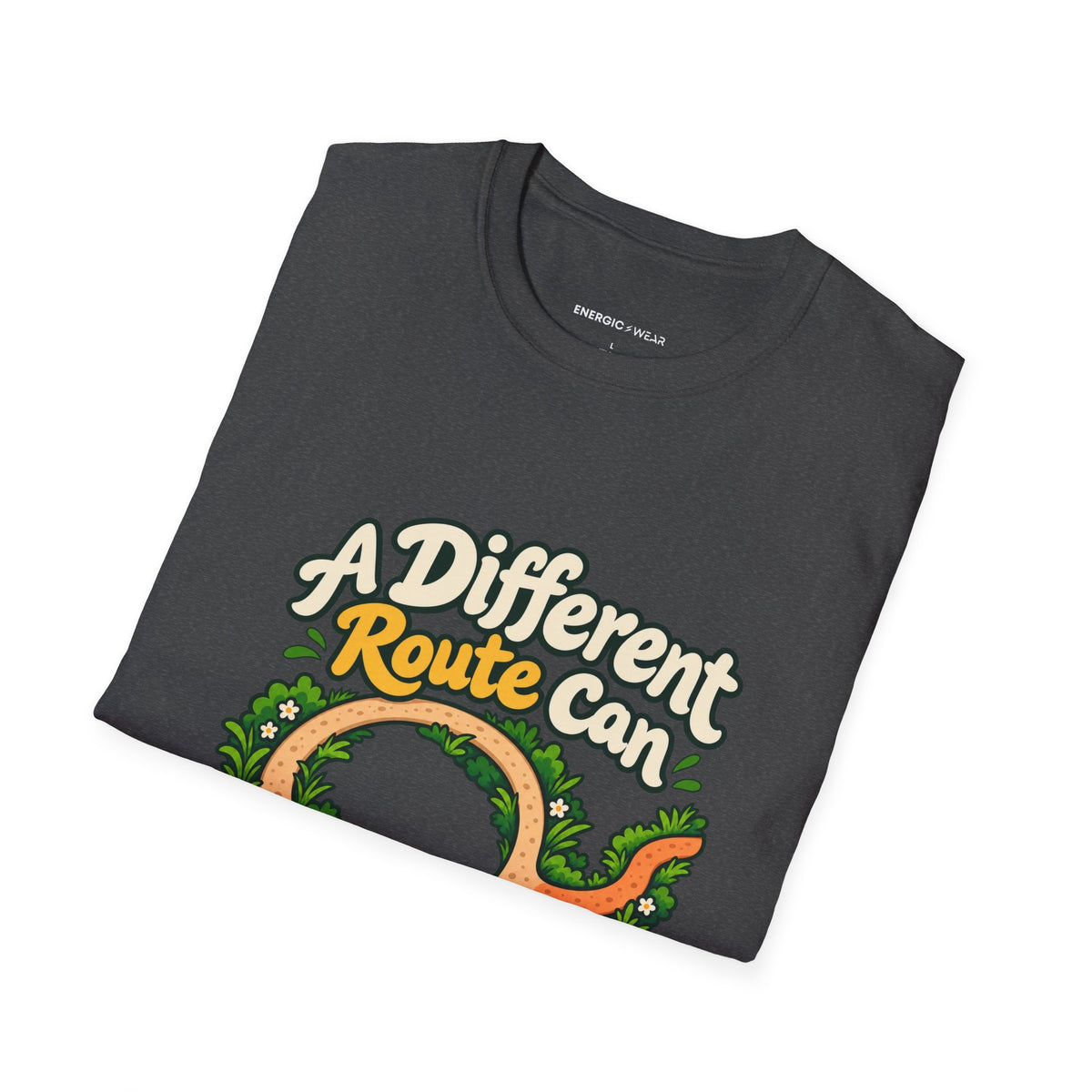Graphic fitness T-shirt featuring the "A Different Route Can Refresh a Routine" design.