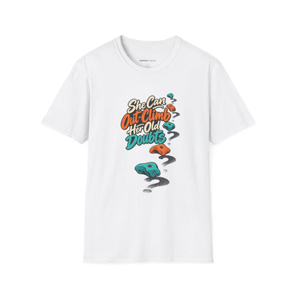 Graphic fitness T-shirt featuring the "She Can Out-Climb Her Old Doubts" design.