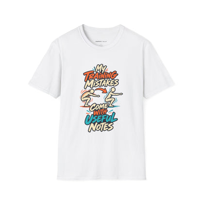 Graphic fitness T-shirt featuring the "My Training Mistakes Come With Useful Notes" design.