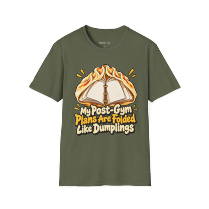 Graphic fitness T-shirt featuring the "My Post-Gym Plans Are Folded Like Dumplings" design.