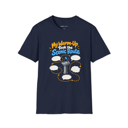 Graphic fitness T-shirt featuring the "My Warm-Up Took the Scenic Route" design.