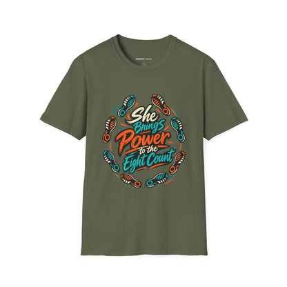 Graphic fitness T-shirt featuring the "She Brings Power to the Eight Count" design.