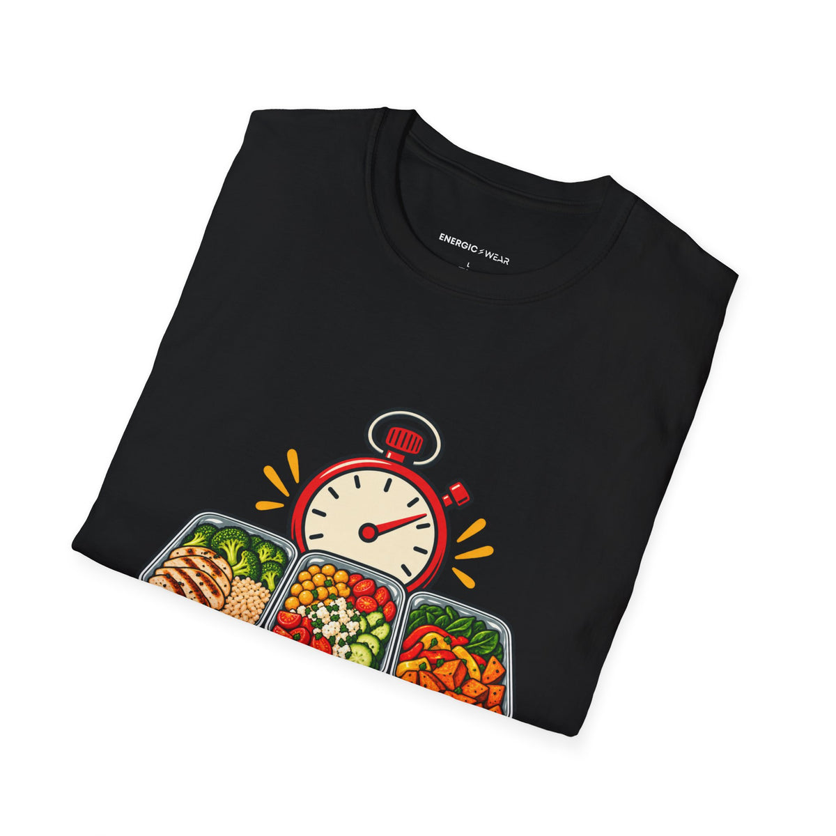 Graphic fitness T-shirt featuring the "I Batch-Cook with a Stopwatch" design.
