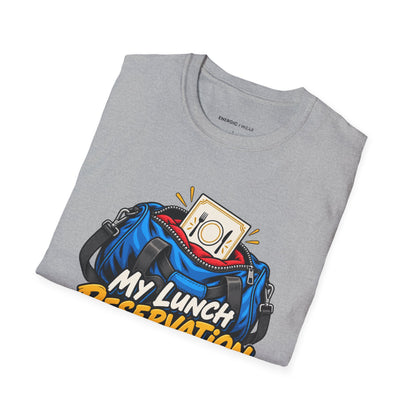 Graphic fitness T-shirt featuring the "My Lunch Reservation Survived the Workout" design.