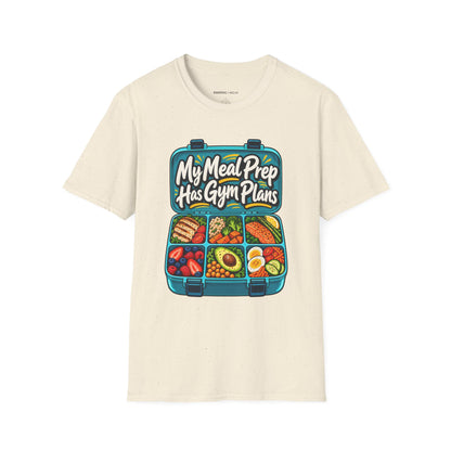 Graphic fitness T-shirt featuring the "My Meal Prep Has Gym Plans" design.