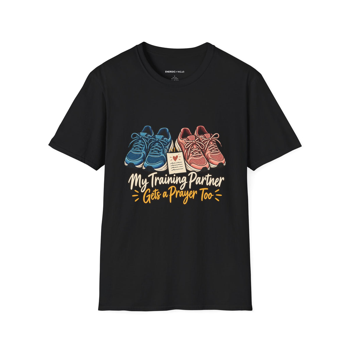 Graphic fitness T-shirt featuring the "My Training Partner Gets a Prayer Too" design.