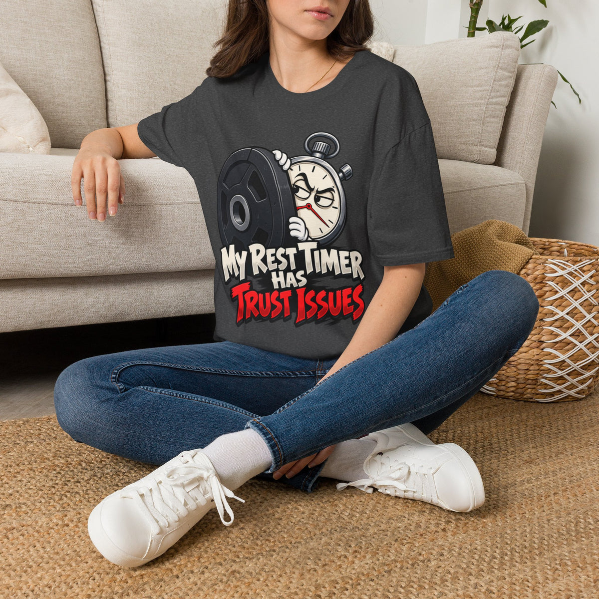 Graphic fitness T-shirt featuring the "My Rest Timer Has Trust Issues" design.