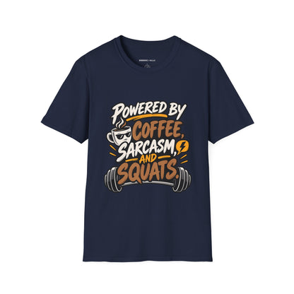 Graphic fitness T-shirt featuring the "Powered by Coffee, Sarcasm and Squats" design.