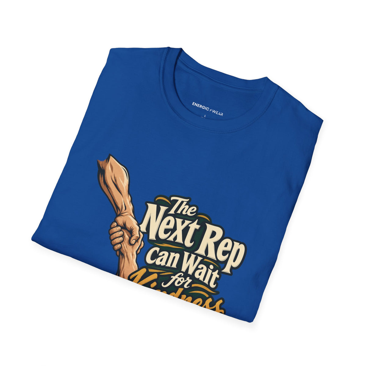 Graphic fitness T-shirt featuring the "The Next Rep Can Wait for Kindness" design.