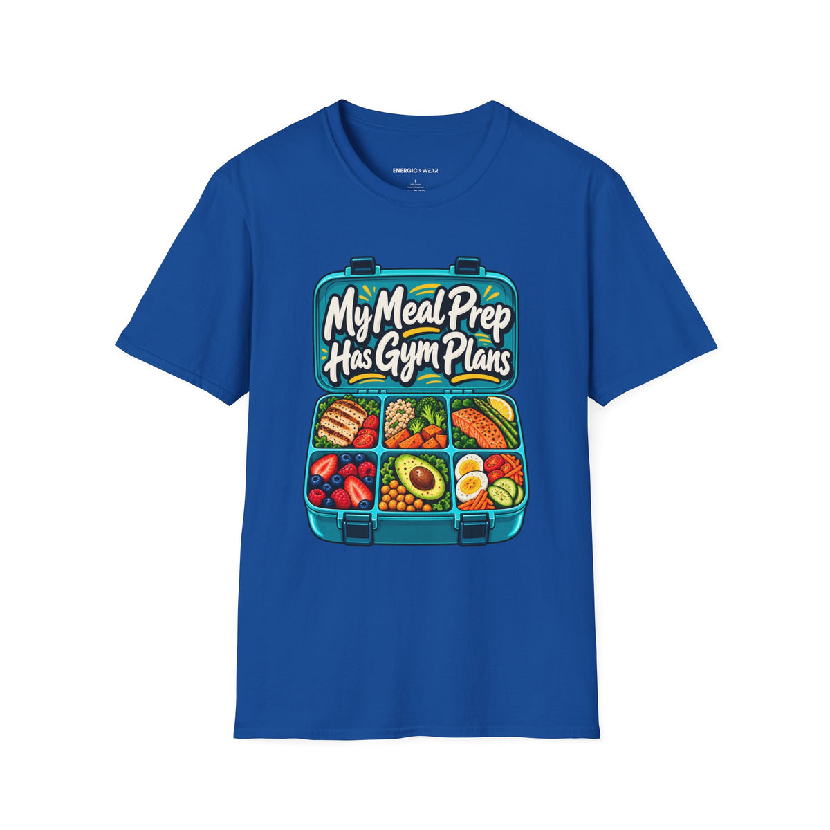 Graphic fitness T-shirt featuring the "My Meal Prep Has Gym Plans" design.