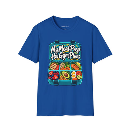 Graphic fitness T-shirt featuring the "My Meal Prep Has Gym Plans" design.