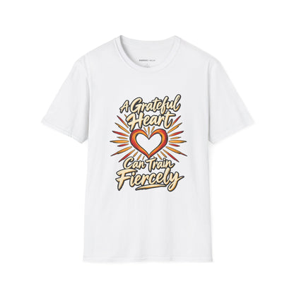 Graphic fitness T-shirt featuring the "A Grateful Heart Can Train Fiercely" design.