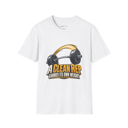 Graphic fitness T-shirt featuring the "A Clean Rep Carries Its Own Weight" design.