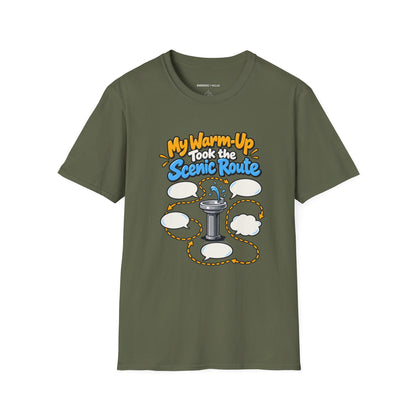 Graphic fitness T-shirt featuring the "My Warm-Up Took the Scenic Route" design.