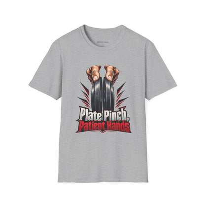 Graphic fitness T-shirt featuring the "Plate Pinch, Patient Hands" design.
