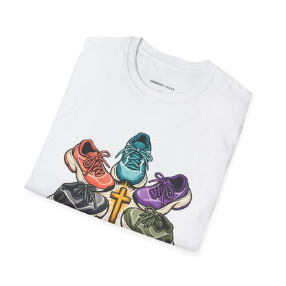 Graphic fitness T-shirt featuring the "Faith Is in My Team Huddle" design.