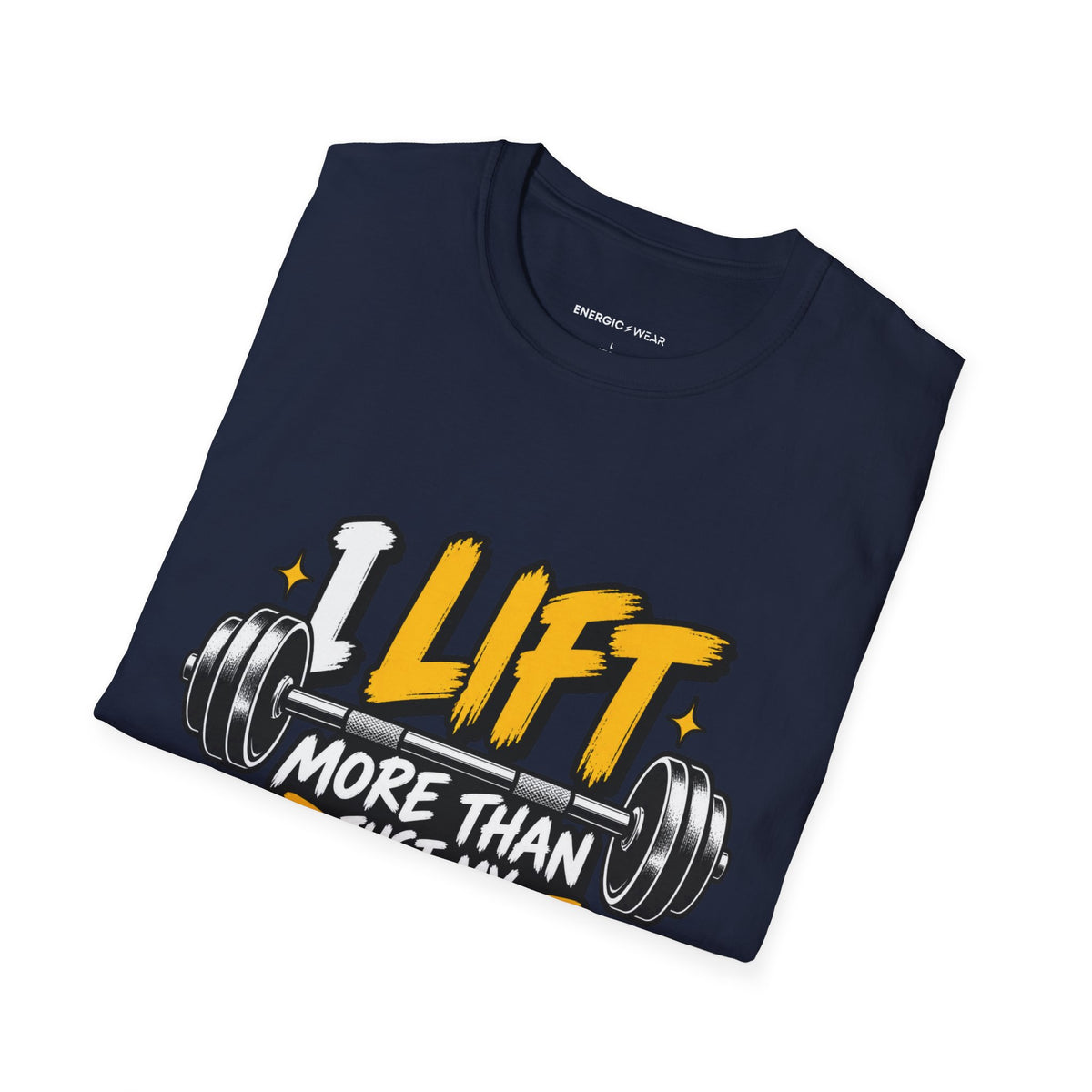 Graphic fitness T-shirt featuring the "I Lift More Than My Spirits" design.