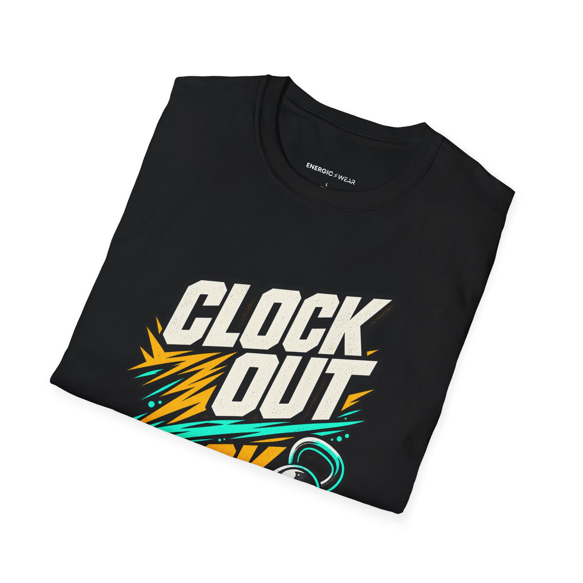 Graphic fitness T-shirt featuring the "Clock Out, Lock In" design.