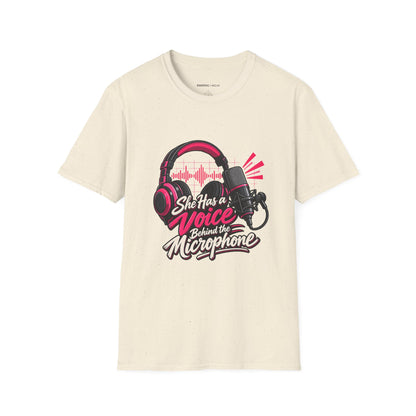 Graphic fitness T-shirt featuring the "She Has a Voice Behind the Microphone" design.