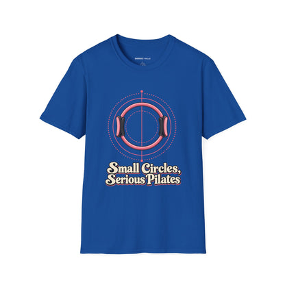 Graphic fitness T-shirt featuring the "Small Circles Serious Pilates" design.