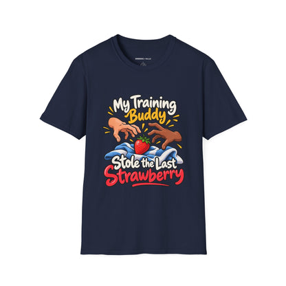 Graphic fitness T-shirt featuring the "My Training Buddy Stole the Last Strawberry" design.