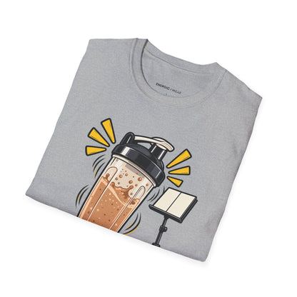Graphic fitness T-shirt featuring the "My Protein Shaker Is a Percussion Instrument" design.