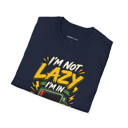 Graphic fitness T-shirt featuring the "I'm Not Lazy, I'm in Energy Saving Mode" design.