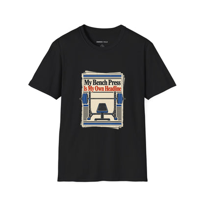 Graphic fitness T-shirt featuring the "My Bench Press Is My Own Headline" design.