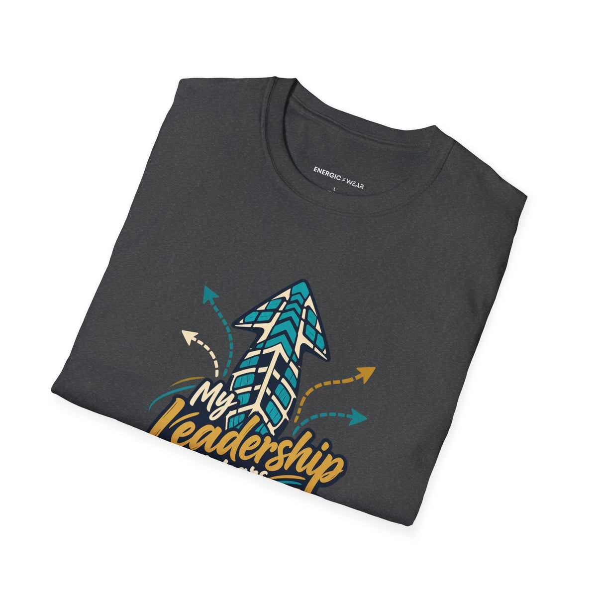 Graphic fitness T-shirt featuring the "My Leadership Wears Training Shoes" design.