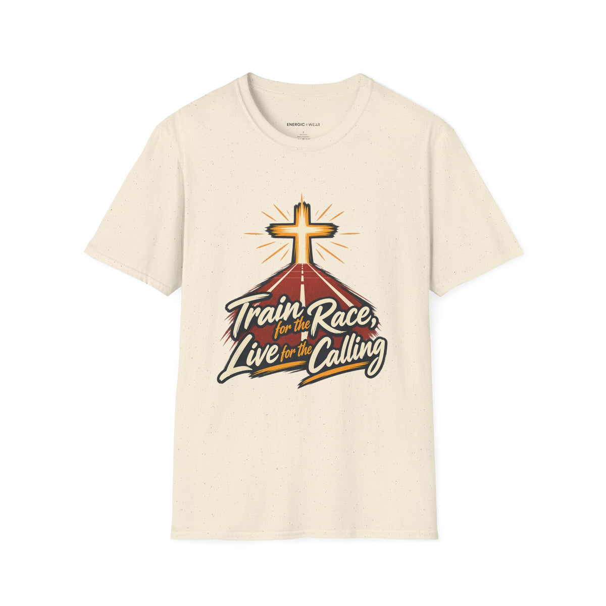 Graphic fitness T-shirt featuring the "Train for the Race Live for the Calling" design.