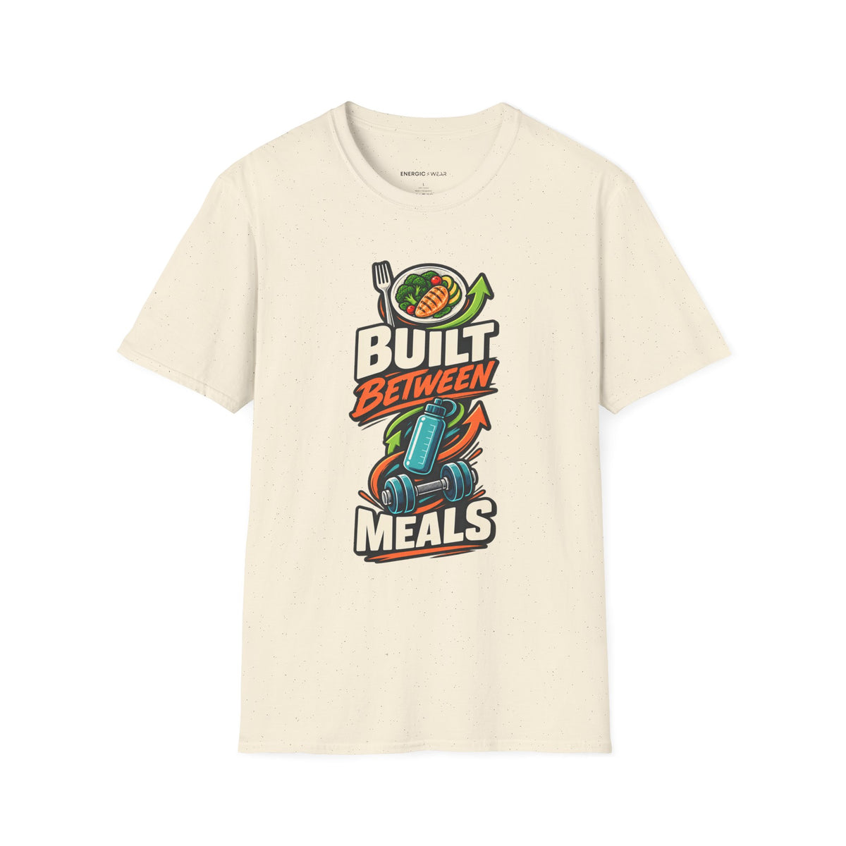 Graphic fitness T-shirt featuring the "Built Between Meals" design.