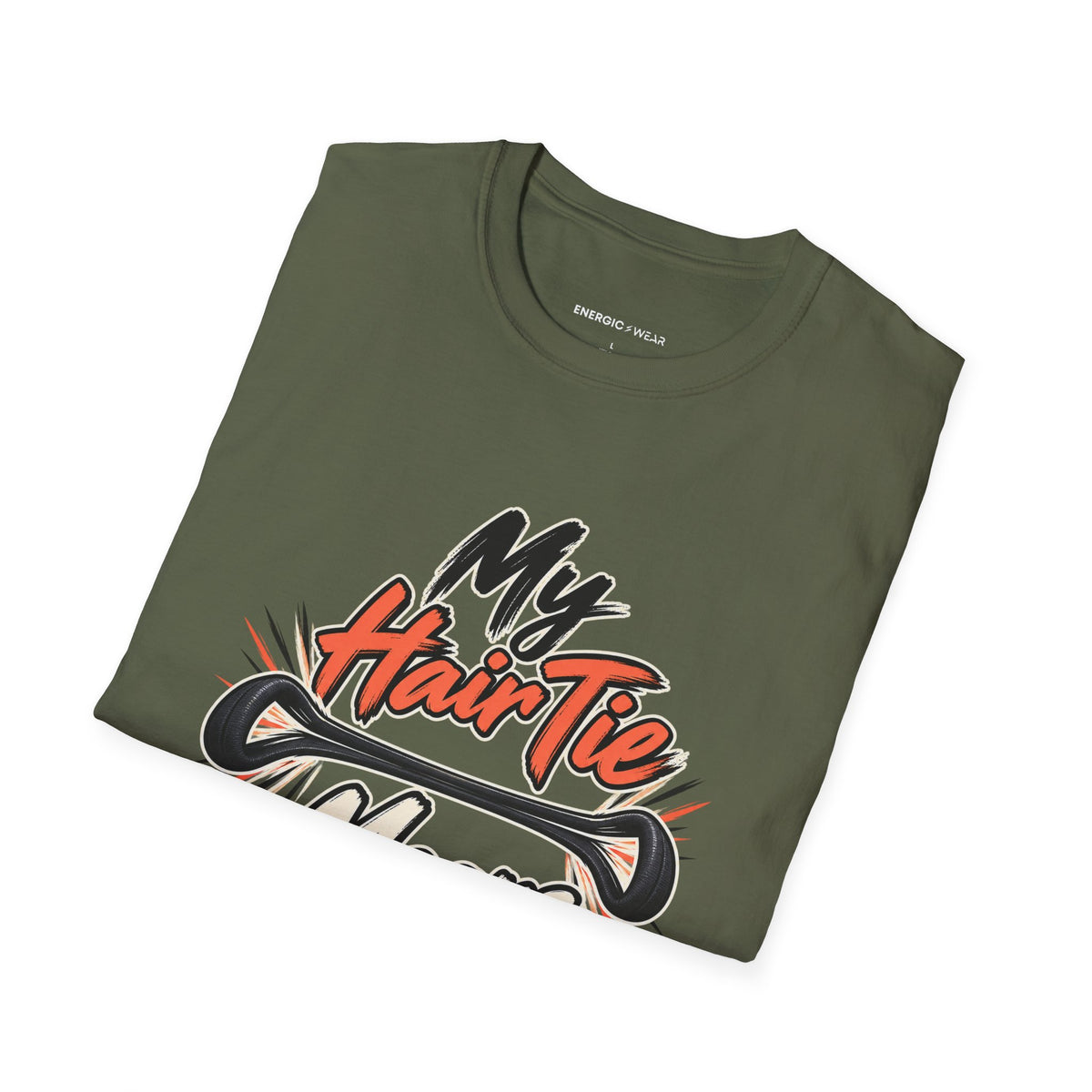 Graphic fitness T-shirt featuring the "My Hair Tie Means Business" design.