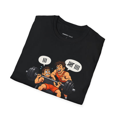 Graphic fitness T-shirt featuring the "My Gym Buddy Is a Bad Influence on My Reps" design.