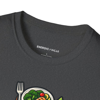 Graphic fitness T-shirt featuring the "Built Between Meals" design.