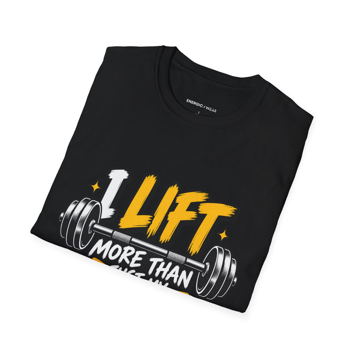 Graphic fitness T-shirt featuring the "I Lift More Than My Spirits" design.